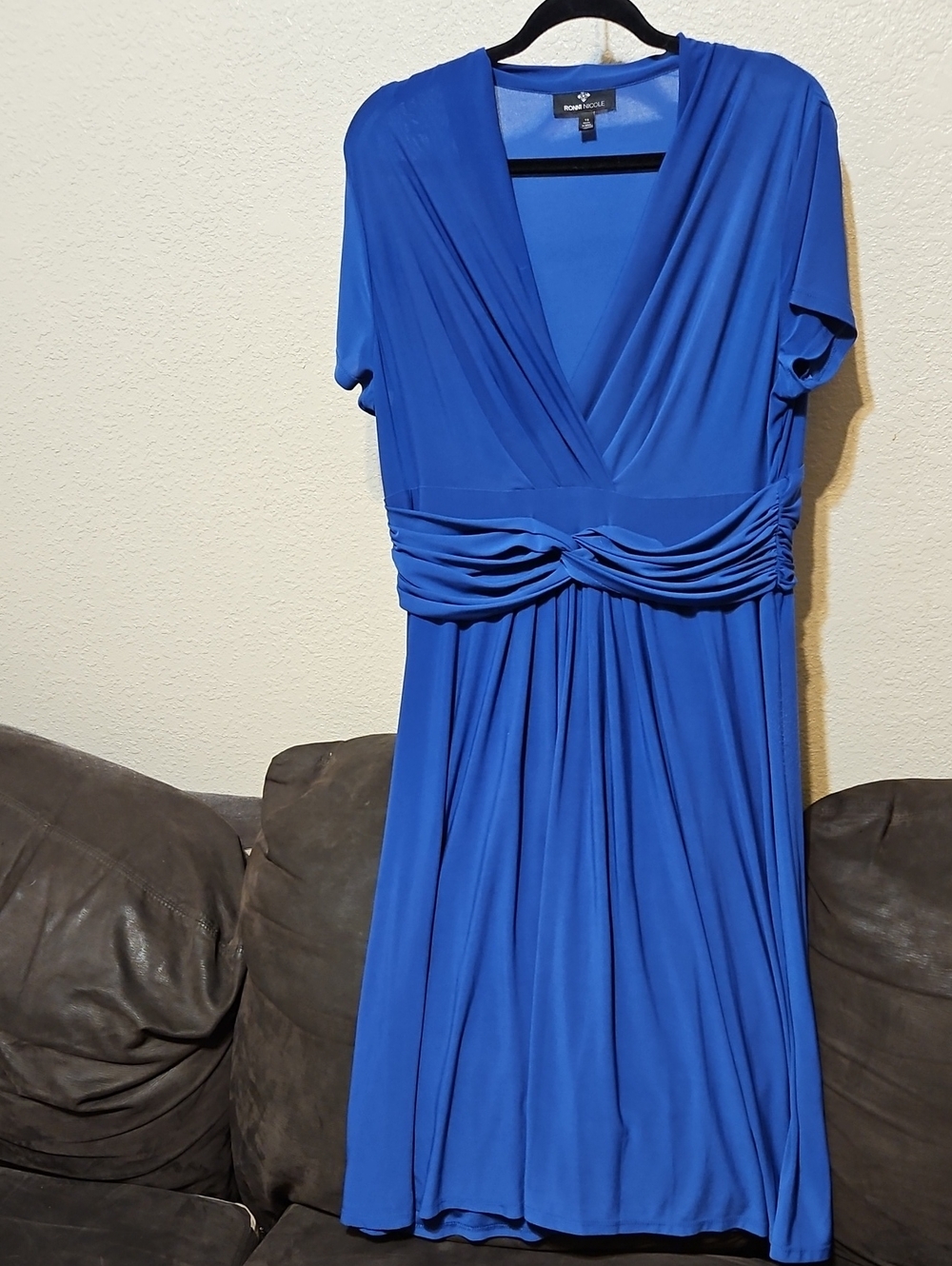 Ronni Nicole cobalt blue draped V-neck dress